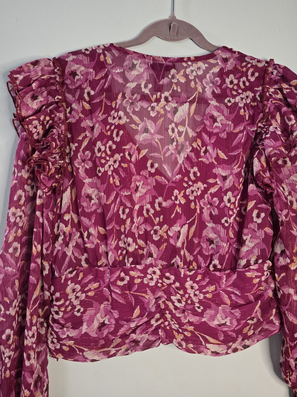 Aqua Raspberry Floral V-Neck Ruffle Blouse - Picture 11 of 14